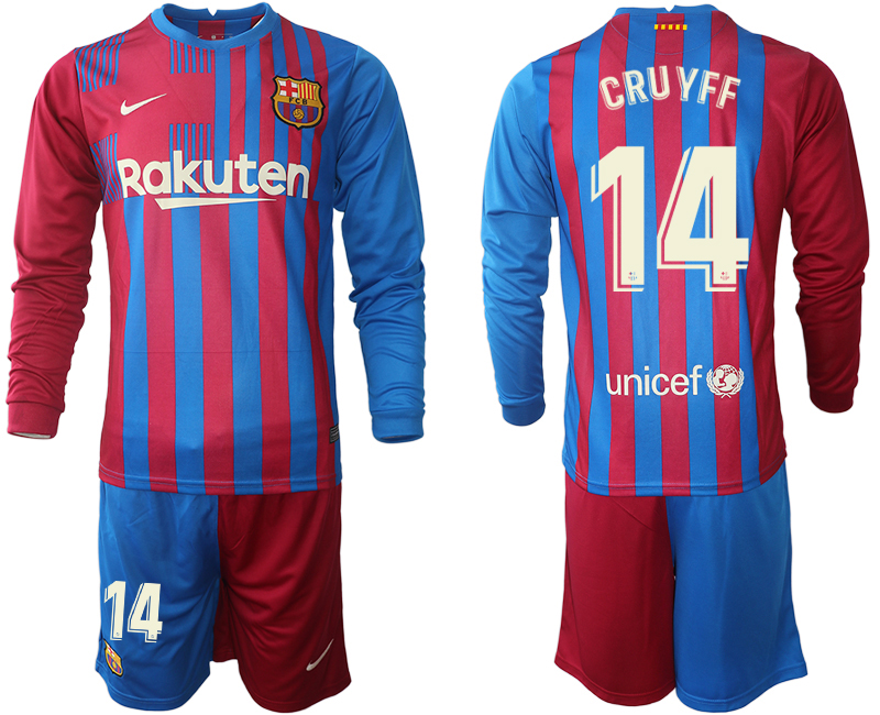 Men 2021-2022 Club Barcelona home red blue Long Sleeve #14 Nike Soccer Jersey->barcelona jersey->Soccer Club Jersey